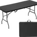 FDW 6 Foot Outdoor Dining Table, Foldable Portable Rectangular Plastic Folding Table with Built in Carrying Handle for Party and Wedding Use, Black Ratten