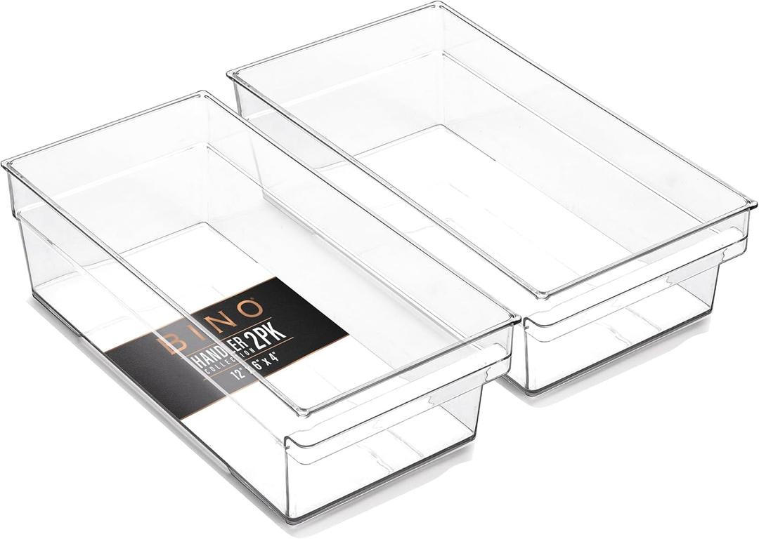 BINO | Plastic Storage Bins, Medium - Shallow | THE HANDLER COLLECTION | Multipurpose Organizer Bins | Kitchen Pantry Organizers and Storage | Clear Containers for Organizing Home | Freezer Organizer (2PK SHALLOW - MEDIUM - 12 x 6 x 4)