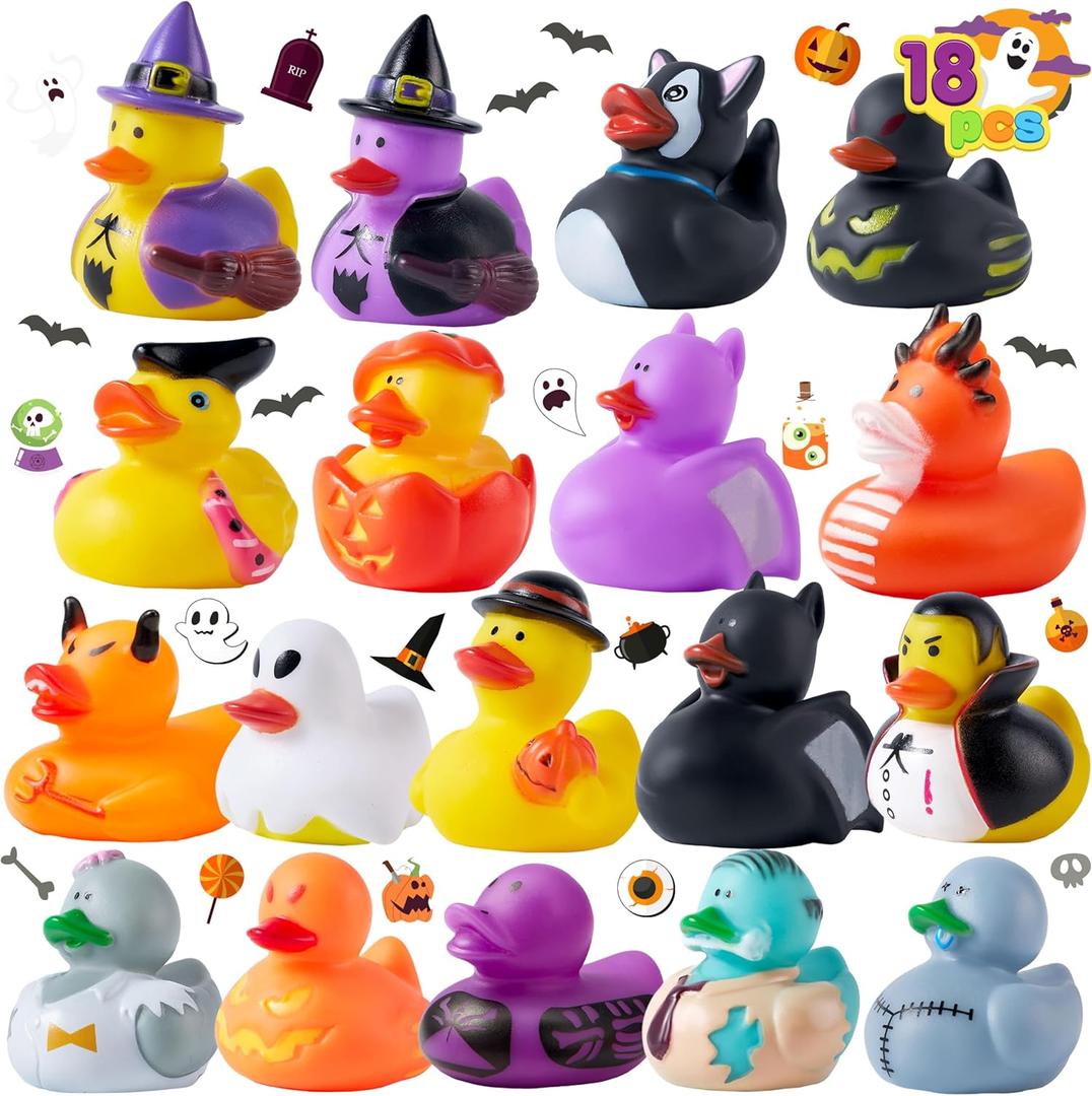JOYIN 18 PCS Halloween Rubber Ducks, Halloween Ducks for Halloween Goodie Bag Fillers, Rubber Duckies Baby Bath Toys for Halloween Party Favors Decorations, School Classroom Game Prizes