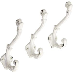 The Metal Magician Wall Mounted Antique Cast Iron Vintage Style Wall Hooks for Coats, Bags, Towels, Hats - (Set of 3) Distressed White