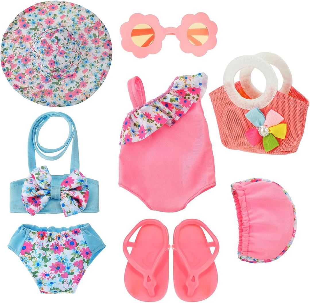 Kajaia 8 Pcs 18 Inch Doll Clothes and Accessories Summer Dolls Swimsuits Beach Playsets Include Doll Swimsuit Bikini Dress Flip Flops Hat Sunglasses Handbag Swim Accessories for 18 Inch Girl Dolls (Pink)