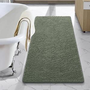 LOCHAS Luxury Bathroom Rug Shaggy Bath Mat 24 x 48 Inch, Washable Non Slip Bath Rugs for Bathroom Shower, Soft Plush Chenille Absorbent Carpets Mats, Sage Green