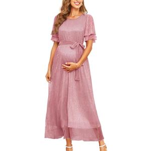 AISWI 2025 Maternity Sparkly Mesh Maxi Flowy Dress with Belt Ruffle Sleeves Pregnant Long Dress Baby Shower Photoshoot Formal (Pink, XL)