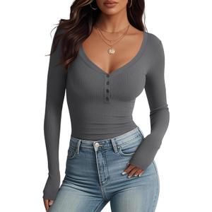 Women's Long Sleeve V Neck Shirt Sexy Henley Tight Slim Fitted Going Out Top Ribbed Button Fall Fashion 2025 (Darkgrey), S