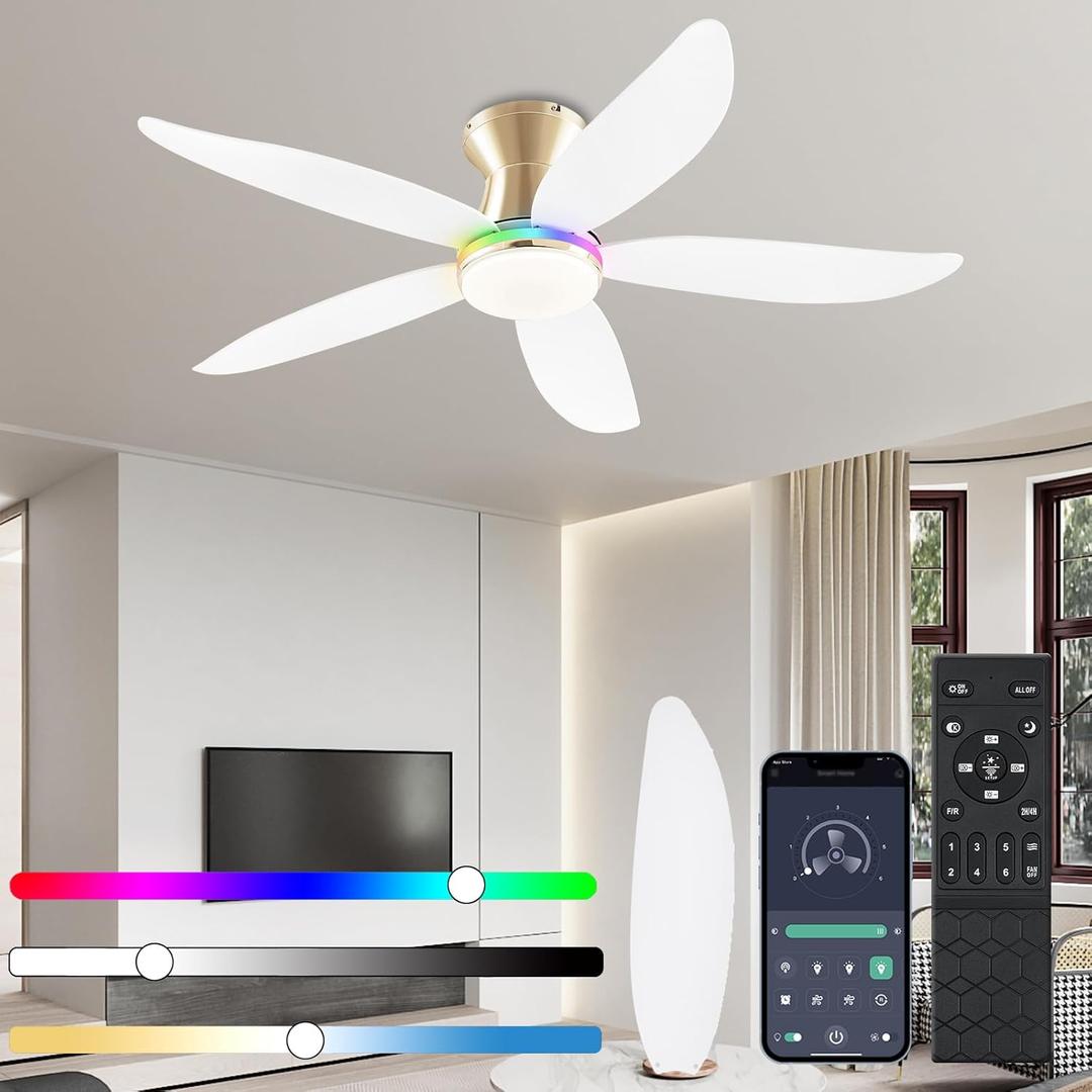 JSAITEE Ceiling fan with light, 48" RGB Low Profile Ceiling fans with Lights and Remote Control, Dimmable, DC Reversible Motor, Noiseless, 6 Speeds Flush Mount White Ceiling Fan for Bedroom