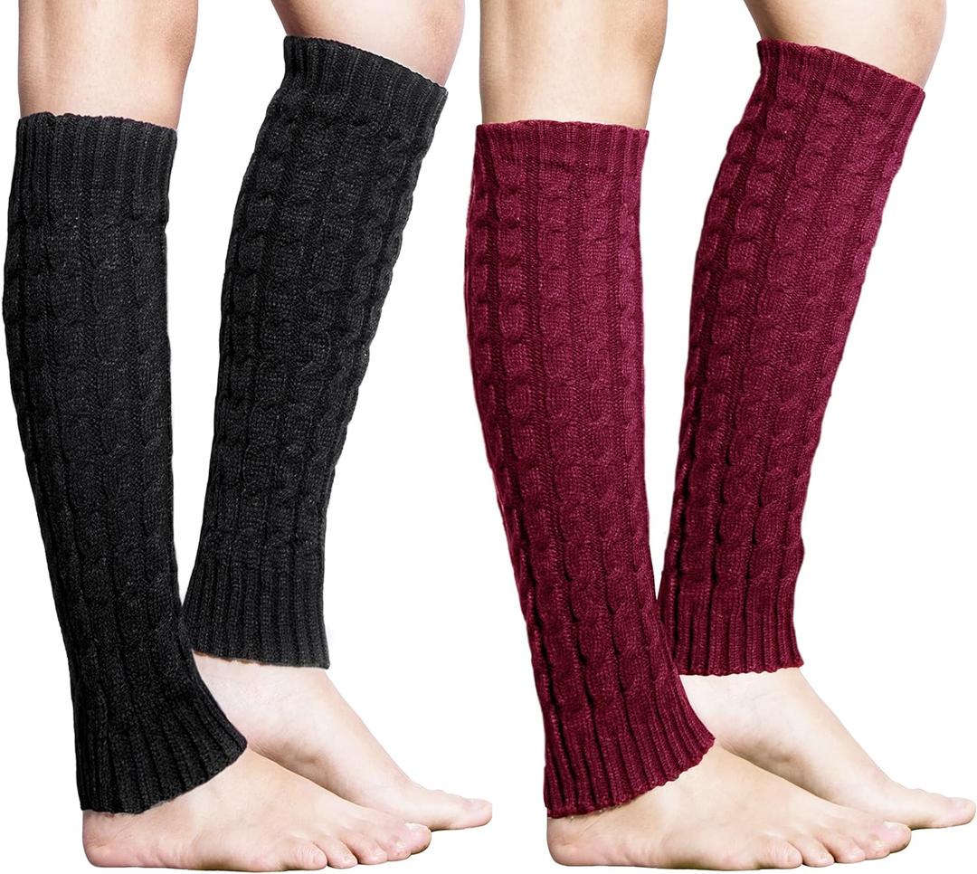 Loritta Womens Leg Warmers Winter Warm Knit Long Boot Socks Slouch Knee High 80s for Party, 2 Pairs(black+wine Red)
