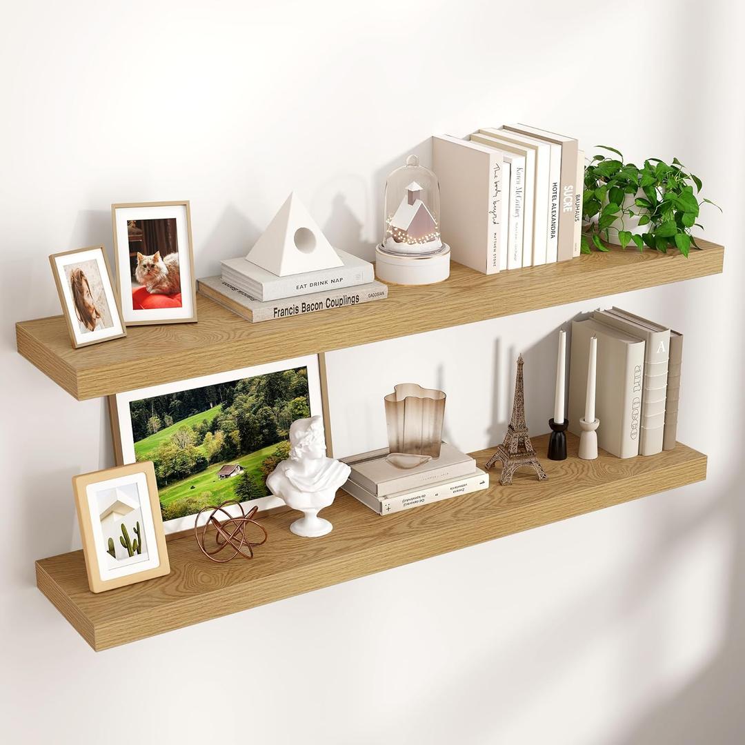 Floating Shelves for Wall, 48"W x 9"D x 1.5"H, 2 Pack of Long Wall Mounted Engineered Wood Shelves with Invisible Brackets for Living Room, Bedroom, Bathroom, Kitchen Decor and Storage, Oak