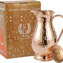 Pure Copper Pitcher with a Lid, Large Size Solid Handcrafted Copper Water Hammered Jug, Capacity 70 Oz/2000ml, Copper Carafe For Home, Hotels & Gifting