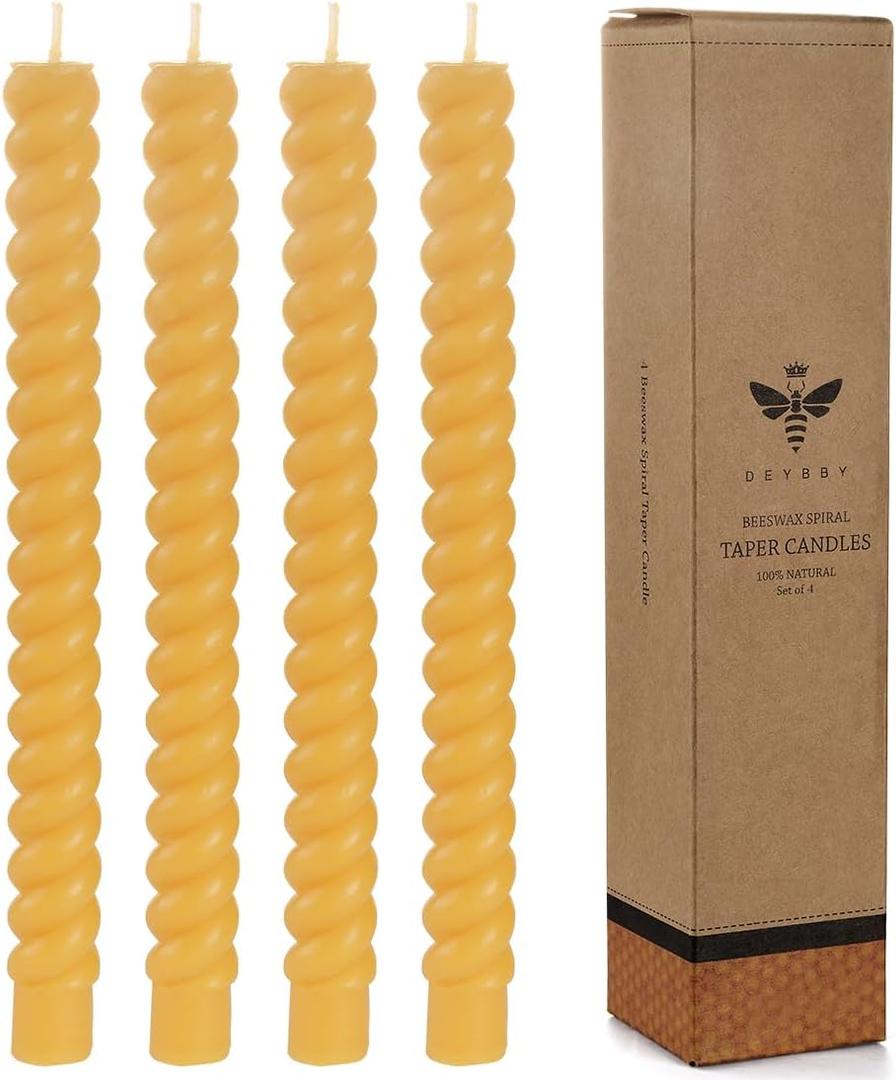 DEYBBY Natural Spiral Beeswax Candles Set of 4, 10 inchDripless and Smokless Twisted Pure Beeswax Candles for Home Decor & Gift Any Occasions