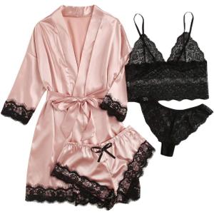WDIRARA Women' Silk Satin Pajamas Set 4pcs Lingerie Floral Lace Cami Sleepwear with Robe (Large, Pink)