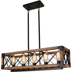 Giluta Rectangle Wood Chandelier Farmhouse Style Dining Room Kitchen Lighting Fixtures, 5 Lights Ceiling Hanging Pendant Lighting UL Listed, 31.6" * 10"*7.8"