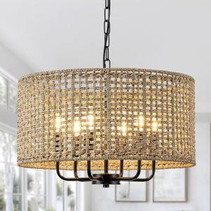 20" Rattan Hand-Woven Boho Wicker Chandelier - 6-Light Drum Farmhouse Oversized Vintage Pendant Light Fixture for Dining Room, Kitchen Island, Entryway (Black)