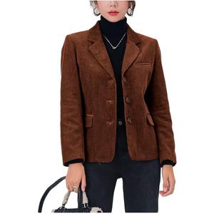 Corduroy Casual Blazer for Women's Lapel Collar Button Front Long Sleeve Vintage Business Jacket, XL