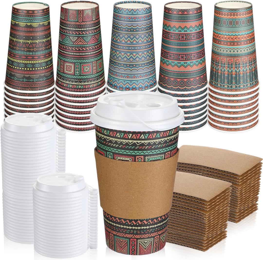50 Set Disposable Coffee Cups with Lids and Sleeves Bulk 16 oz Paper Cups for Cold Drinks Hot Chocolate Tea Beverage Winter Supplies