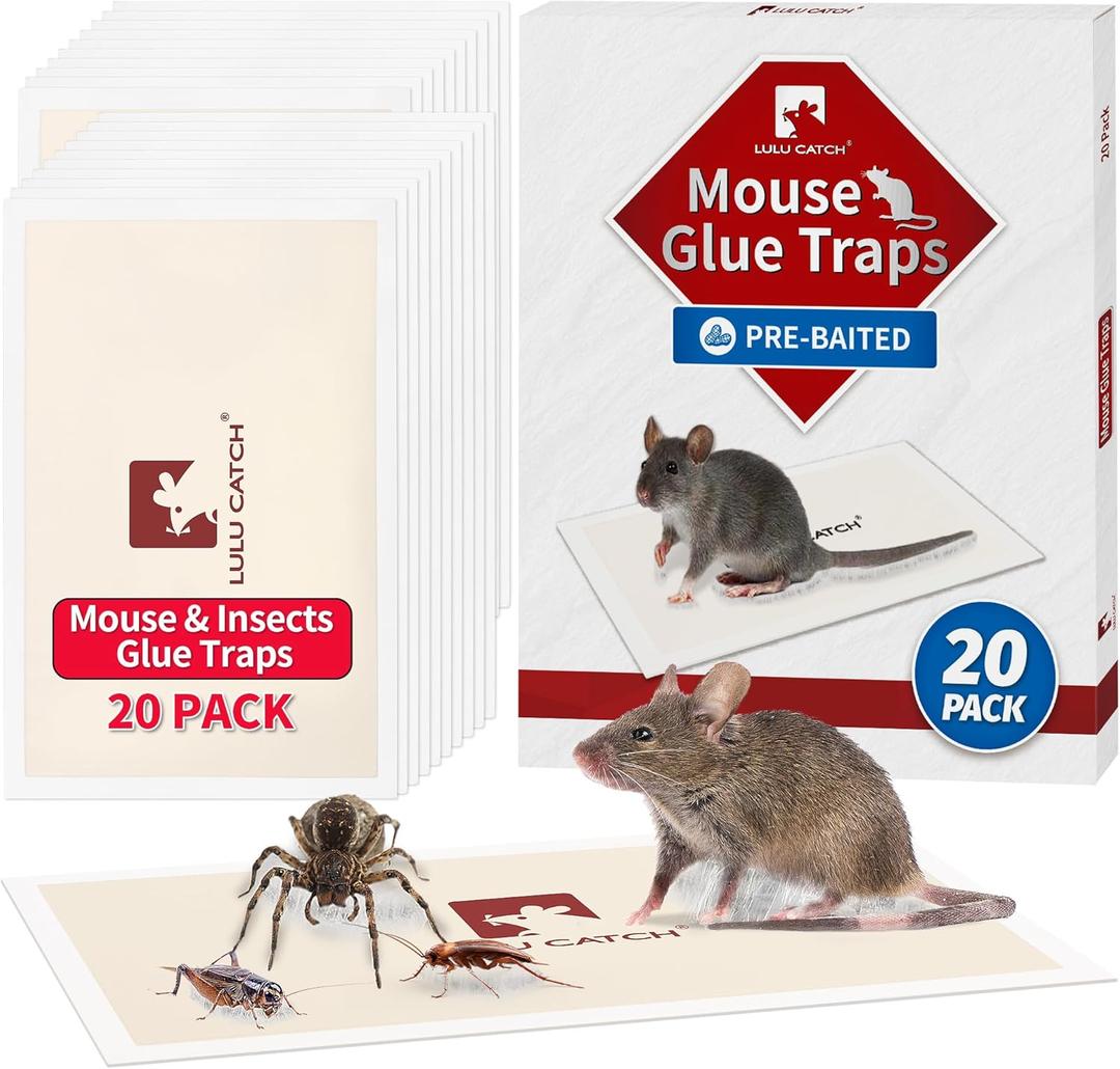 LULUCATCH Mouse Traps, 20 Pack Pre-Baited Sticky Mouse Traps Indoor for Home, Non-Toxic Bulk Sticky Pads, Glue Traps for Rats, Bugs, Spider, Mice, Cockroach, Pet Safe, Easy to Use