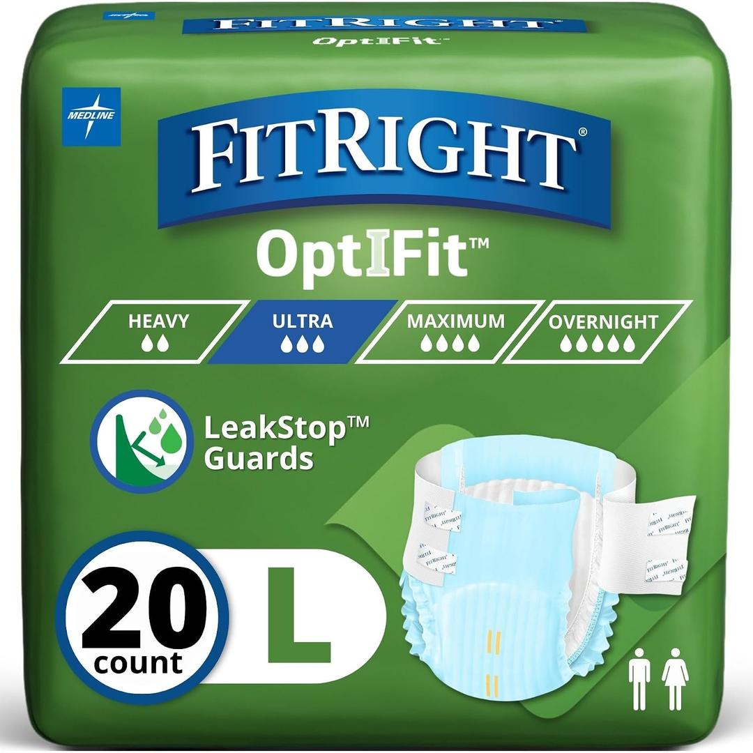 FitRight Adult Diapers, Ultra Heavy Absorbency, L (Waist Size 44in-56in), 20 Count, OptiFit Incontinence Briefs for Men and Women, Disposable, Moisture-Wicking, Leak Protection, (Blue, L)