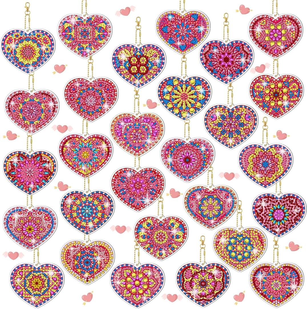 Ferreve 28 Pcs Valentine's Day Diamond Painting Keychain Kits Double Sided DIY Heart Diamond Art Keychain Ornaments for Adults Romantic Gem Key Ring Art Pendant Decor Crafts Accessories Gifts