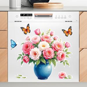 Flower Dishwasher Magnet Cover Pink Flower Vase Fridge Magnets Butterflies Refrigerator Sticker Spring Floral Sticker Decorations for Spring Floral Fridge Dishwasher Kitchen Refrigerator Cover