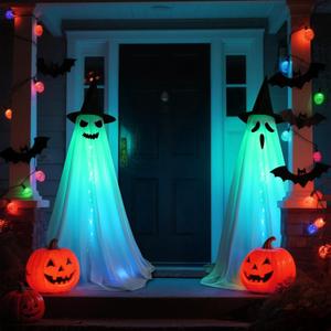 MCJC Halloween Ghost Decorations with LED Lights, 59.1-inch Tall, 18 Lighting Modes, 7 Colors, 2-Pack (White)