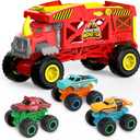 4-in-1 Monster Truck Transport Carrier Playset, Red Mover Rhino Toy Cars Hauler Set for Children, Including 3 Diecast Monster Trucks, Ideal Gift for Kids 3+