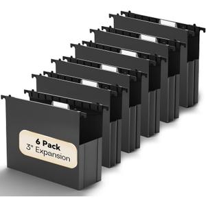 Plastic Extra Capacity Hanging File Folder Letter Size,6 Pack Heavy Duty 3" Expanding Accordian Pocket,Expandable Large Hanging Folders,Sturdy Hanging Organizer for Bulky Files-Black