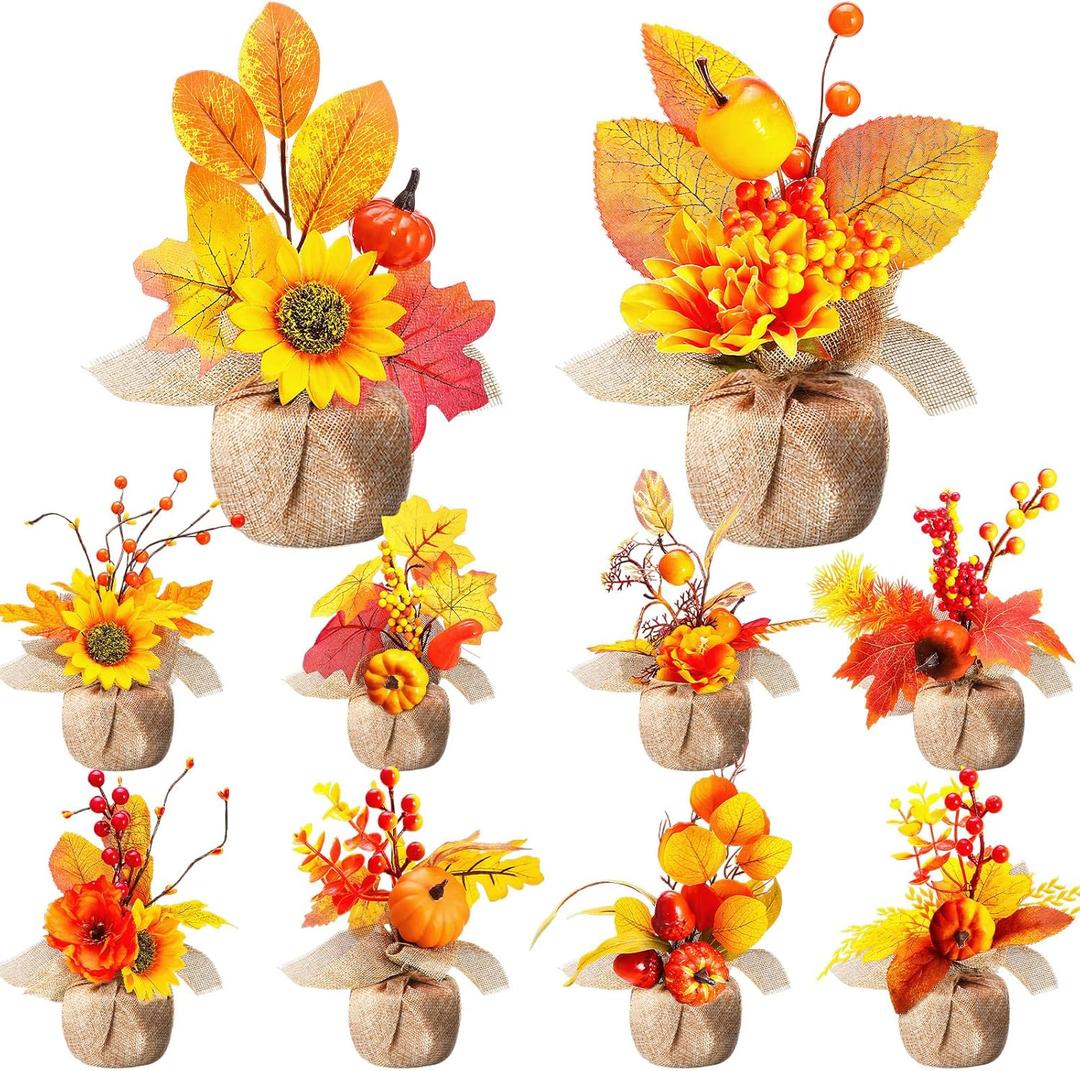 Giegxin 10 Pcs Thanksgiving Fall Halloween Artificial Potted Flowers Fall Decor Fake Potted Plants with Pumpkin, Sunflower, Maple Leaf, Pine Cone for Autumn Harvest Decor, Table Centerpiece(Burlap)