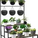 Large Plant Stand Indoor Outdoor, 3 Tier Heavy Duty Hanging Plant Stand with Bar, 60 Inch Tall Metal & Wood Ladder Shape Plant Shelf, Black Plant Display Rack Plant Shelves for Garden Patio Balcony