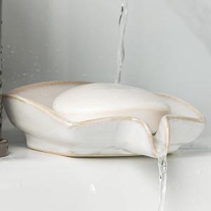 Soap Dishes, Ceramic Shower Soap Dish with Waterfall Design Bar Soap Holder Self Draining Soap Saver for Shower, Bathroom, Sink, Kitchen and Countertop, Beige White (Rectangular)