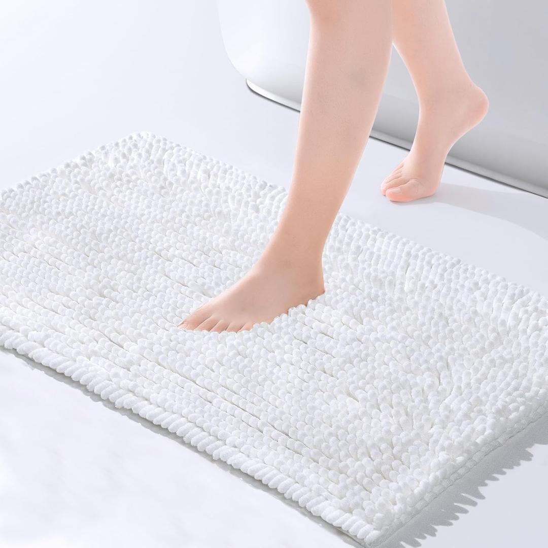 FRESHMINT Chenille Bathroom Rugs Mat 24"x17", Non-Slip Bath Mat for Bathroom Floor, Washable Soft Thick Water Absorbent Microfiber Shower Mat, White (24"x17", White)