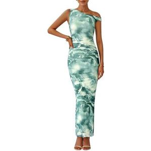 PRETTYGARDEN Women's 2025 Summer Floral One Shoulder Maxi Dress Wedding Guest Ruched Mesh Bodycon Long Cocktail Dresses, Size: Small