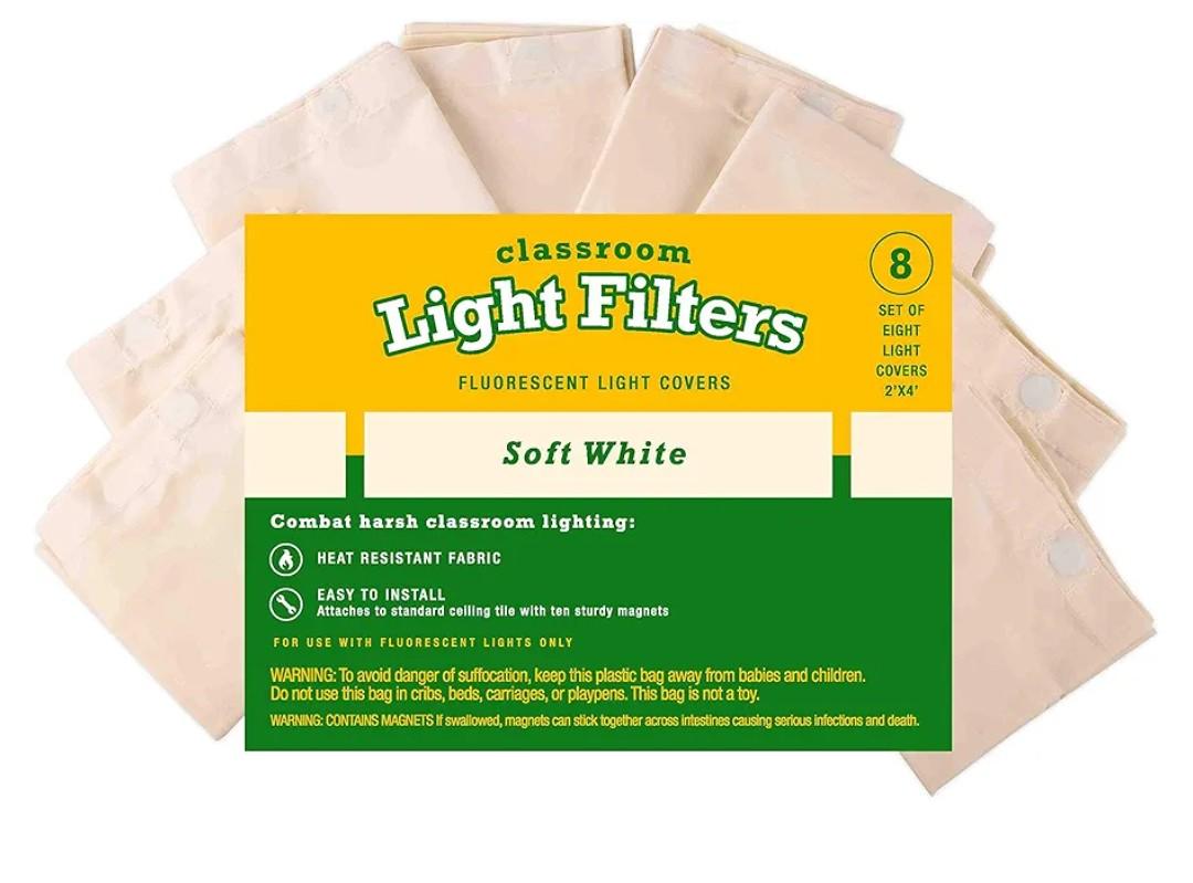 Fluorescent Light Diffuser Covers (Set of 8) Filters Light for Classrooms and Offices - Flame-Retardant Fabric (Soft White)