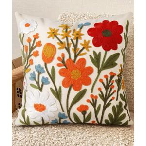 Embroidered Throw Pillow Cover 20x20 Inch - Spring Summer Boho Decorative Pillow Cover with Zipper for Living Room Couch Sofa Bed Aesthetic Design Flower Cluster Cushion Pillowcase