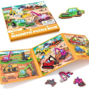 SYNARRY Magnetic Puzzles for Toddlers 3-5, Toddler Travel Toys Construction Toys Excavator Puzzles for Toddlers 2-4, Vehicle Puzzles for Kids Ages 4-6, Car Airplane Road Trip Activities Easter Gifts