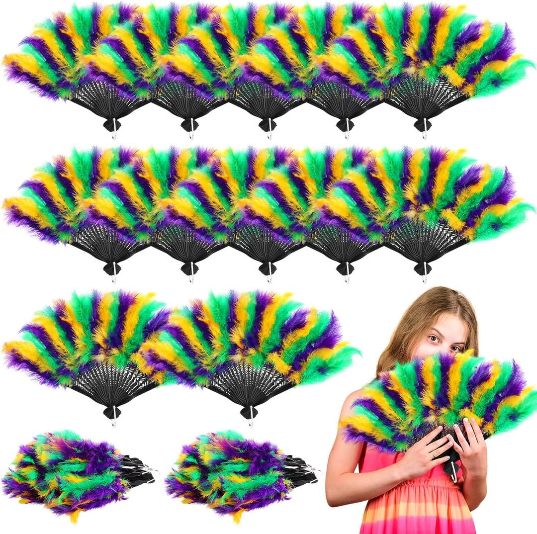Suzile 12 Pcs 12 x 20 Inch Mardi Gras Feather Fan Colorful Feathers Feathers Bulk 1920s Vintage Marabou Handheld Fan Flapper Fan Mardi Gras Outfit Accessory for Party Decoration Carnival Costume