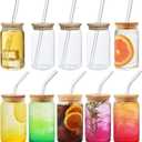 Haundry 10 pack Beer Glass Cups with Bamboo Lids and Straws, 16oz Can Glasses Drinking Glasses Set of 10, Glass Tumbler Cups for Iced Coffee, Beer, Soda, Tea, Smoothies