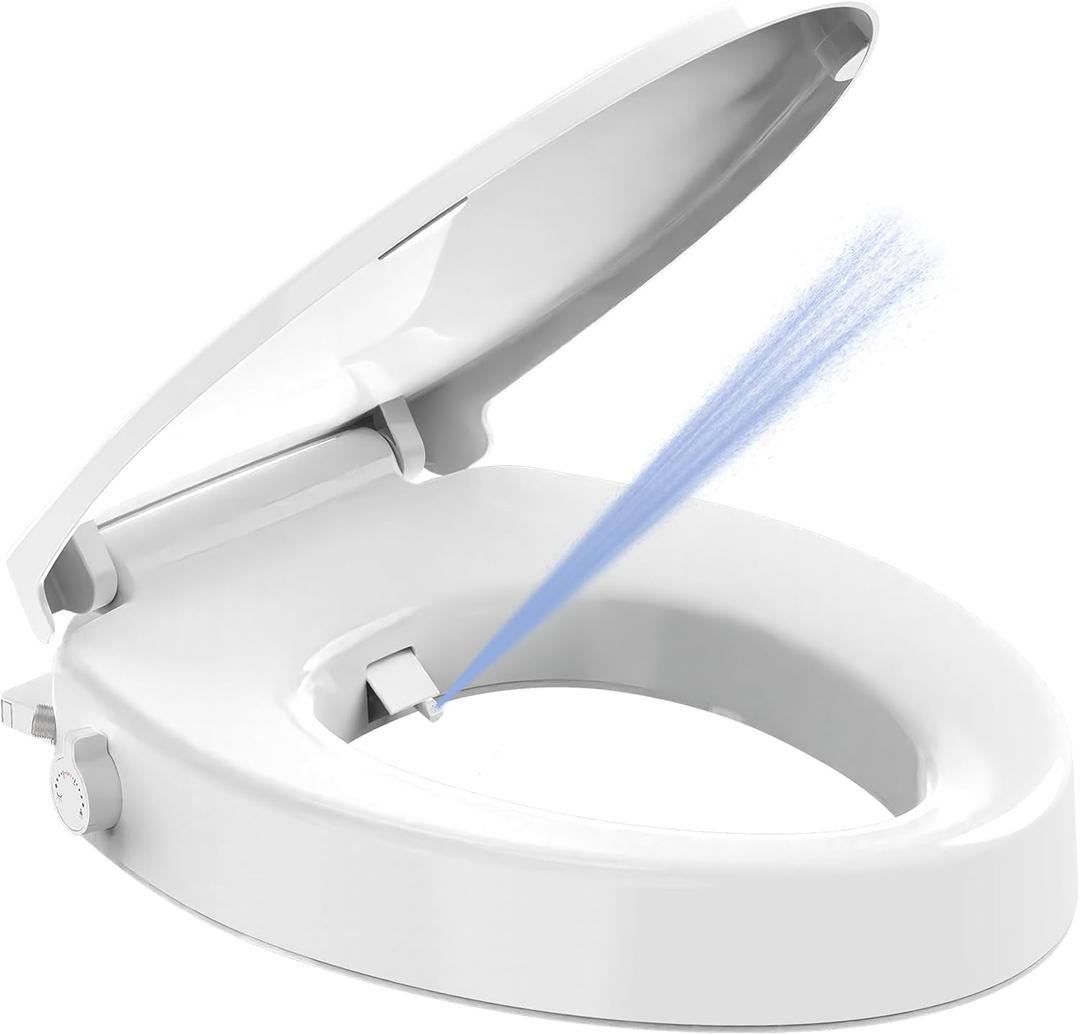 Raised Elongated Bidet Toilet Seat 18.5", Soft Close Lid, Dual Self-Cleaning Nozzles, Quick Release, Heavy-Duty PP, Stable & No Loosening, Ideal for Seniors & Limited Mobility, White