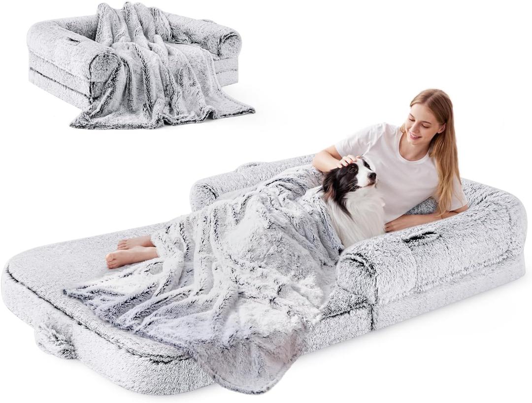 Human Dog Bed for Adult, 2 in 1 Foldable Giant Dog Bed for People Fits Pet Families, Egg Foam Supportive Mat, Waterproof Liner, Faux Fur Human Size Pet Bed with Blanket, 71"x43"x10", Grey