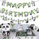 Zwiebeco Pandas Happy Birthday Party Decoration Green Black White Bamboo Leaves Sign Banner Hanging Paper Garland Bunting for Babys Kids Themed Accessories Supplies
