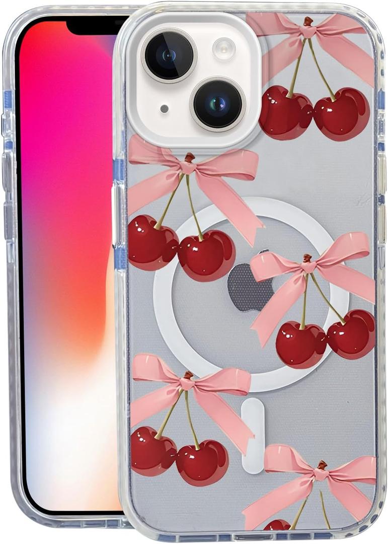 Bow Cherry for iPhone 13 Case, MagSafe Compatible,Matte Soft Slim Shockproof Cover,Anti-Fingerprint,Anti-Yellowing,Anti-Scratch Back,Magnetic Phone Case for Women,Girl,Cute,Girly,Clear