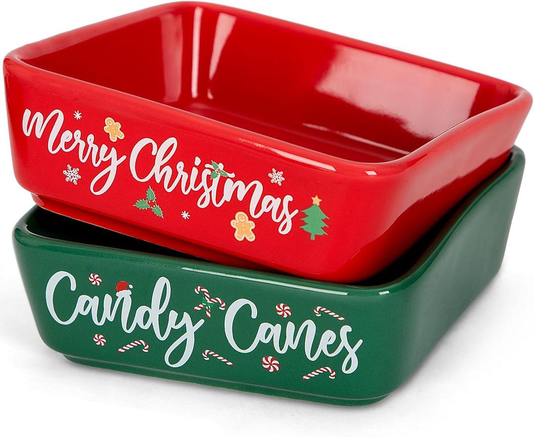 Christmas Mini Candy Dish Set of 2 Ceramic Candy Bowl for Tiered Tray Decor Merry Xmas Tree Canes Table Shelf Decorations Snow Farmhouse Home Decor Housewarming Gift Idea Thanksgiving Cookie, Red & Green