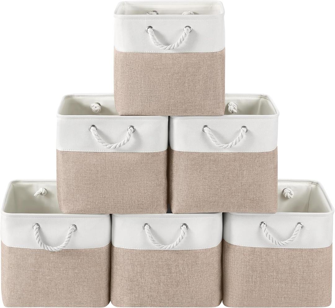 13 x 13 Inch Cube Storage Bins, 6 Pack Fabric Storage Basket with Handles, Foldable Boxes Organizer for Shelf Baskets for Home, Clothes (White/Khaki)