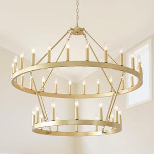 HHR 48" Gold Wagon Wheel Chandelier 2 Tiers, 36-Light Large Farmhouse Chandelier for High Ceilings, Round Rustic Pendant Light Fixture for Foyer, Entryway, Dining Room, E12