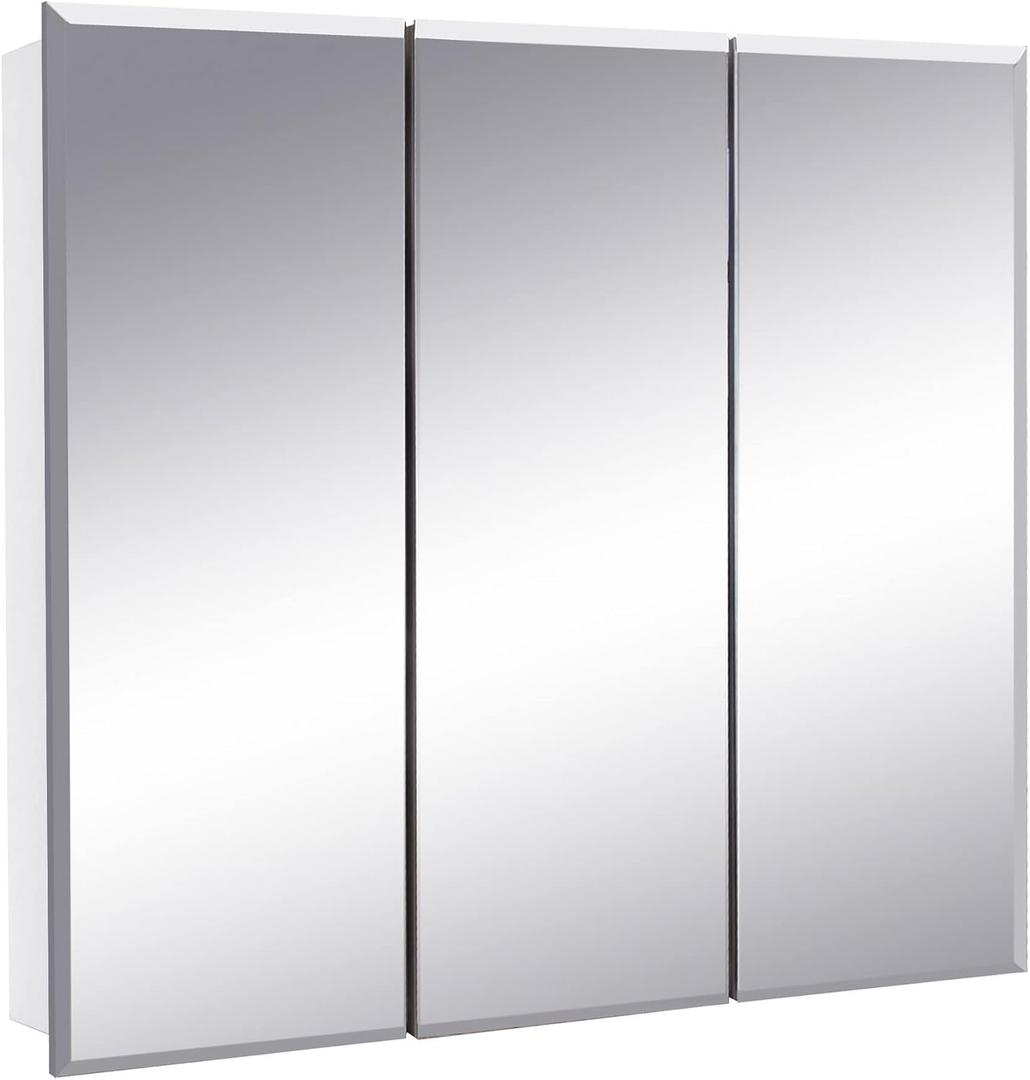 Design House Cyprus 30-in. Wide Medicine Cabinet, 3 Frameless Mirrored Doors, 2 Adjustable Shelves, Pre-Assembled, Surface or Recess Mounted, White, 30.0 in. W x 4.4 in. D x 30.0 in. H, 597492