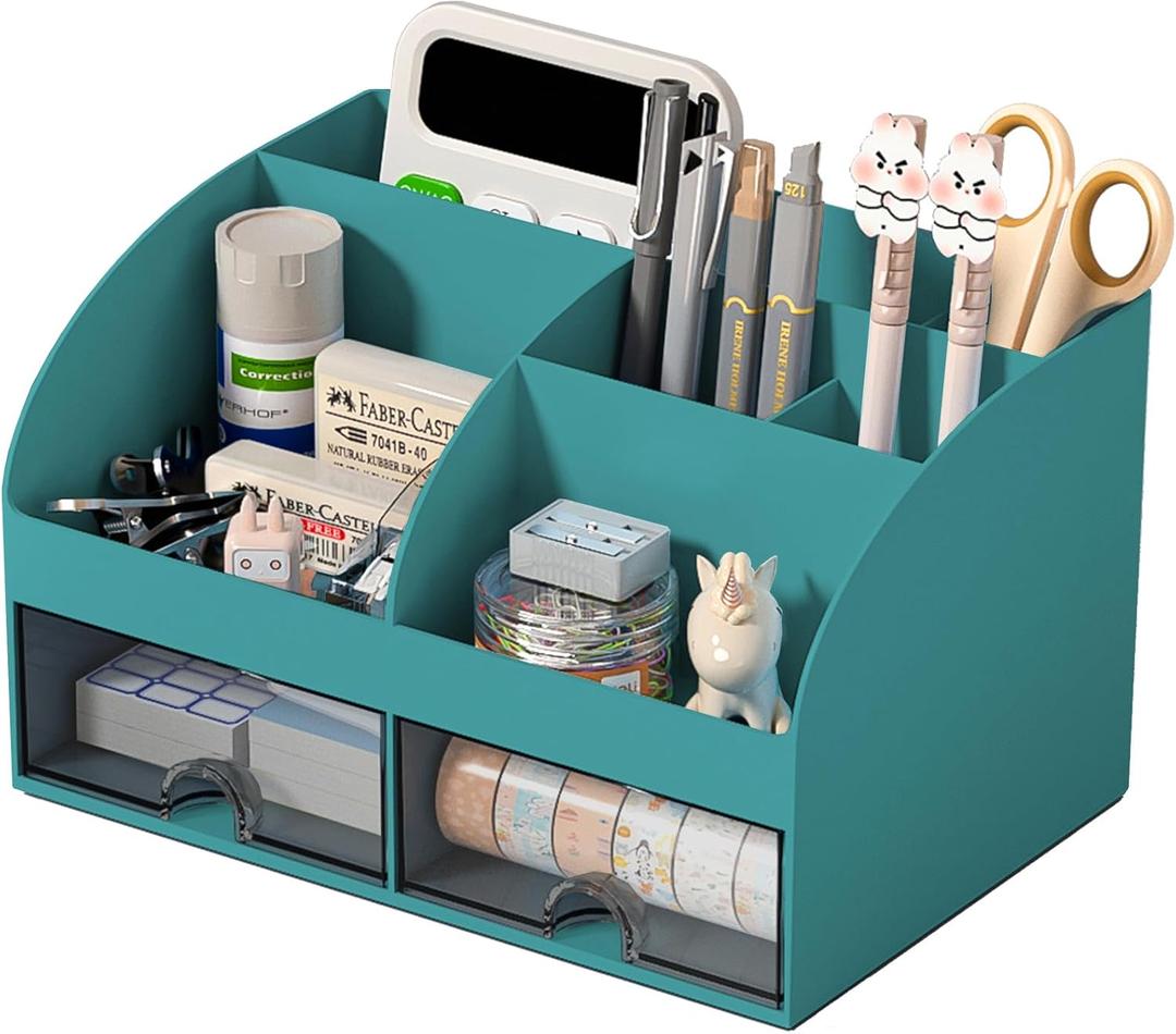 Desk Organizer with 6 Compartments and 2 Drawers, Plastic Makeup Organizer, Pen Holder for Desktop Storage, Desk Organization for School, Home, Office Supplies (Dark Green)