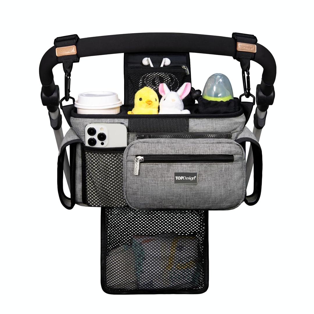 TOPDesign Universal Baby Stroller Organizer, Stroller Caddy with Detachable Mesh Bag & Heightened Insulated Cup Holders & Non-Slip Secure Hooks Accessories, Fits Most Strollers (Grey)