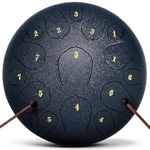 Rain Drum for Outside Garden, Steel Tongue Drum 12 Inches Musical Instruments, Handpan Drum Percussion Instrument, with Soft Bag, Music Book, 2 Mallets (Navy blue, 13inch15notes)