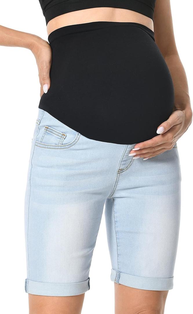 V VOCNI Maternity Denim Shorts Over The Belly Rolled Cuff Midrise Bermuda Short Pregnancy Jean Shorts (Small, 44-a-light Blue)