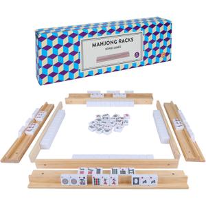 Upgraded Wooden Mahjong Racks, Set of 4 Trays for Mahjong Games, Premium Holders for Mahjong, Mexican Train, Dominoes and More Game Stands (Includes Magnetically Attached Mahjong Pushers)