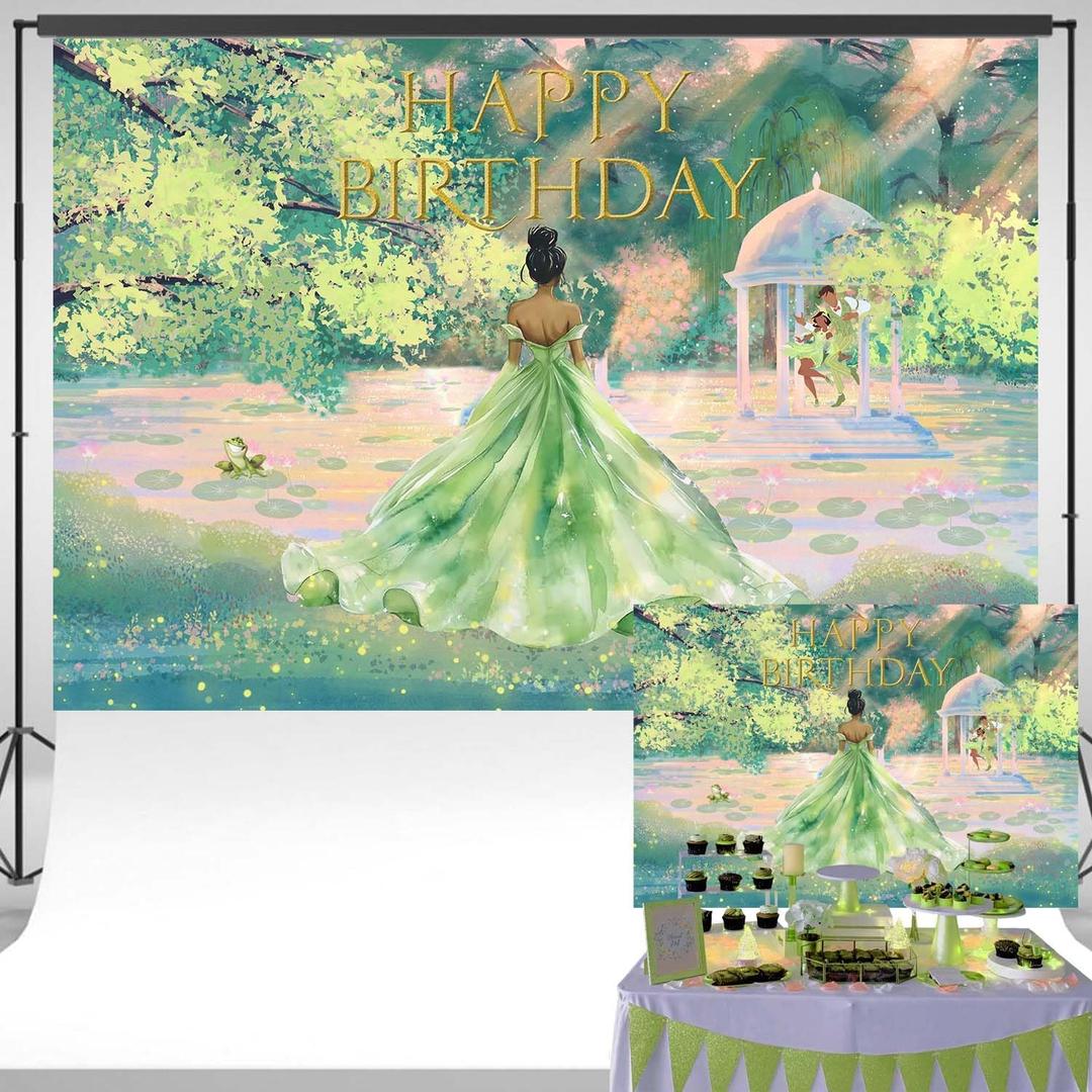 Fairy Tale Green Princess Backdrop for Birthday Forest Waterlily Pond Photo Background 1st Birthday Party Decorations Banner 7x5 ft