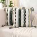 Tosleo Dark Green Throw Pillow Covers 18x18 Inch Set of 2 with Tassels Boho Chenille Striped Pillow Covers Square Decorative Pillowcases for Sofa Couch Bed Living Room Farmhouse Decor
